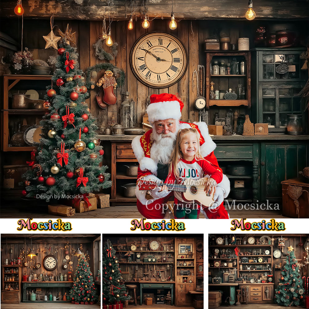 Photography Lighting Workshops - ฉากหลังถ่ายภาพไม้ธีมโรงงานของซานต้า Mocsicka ต้นคริสต์มาส ห้องของขวัญ นาฬิกา แสงไฟ